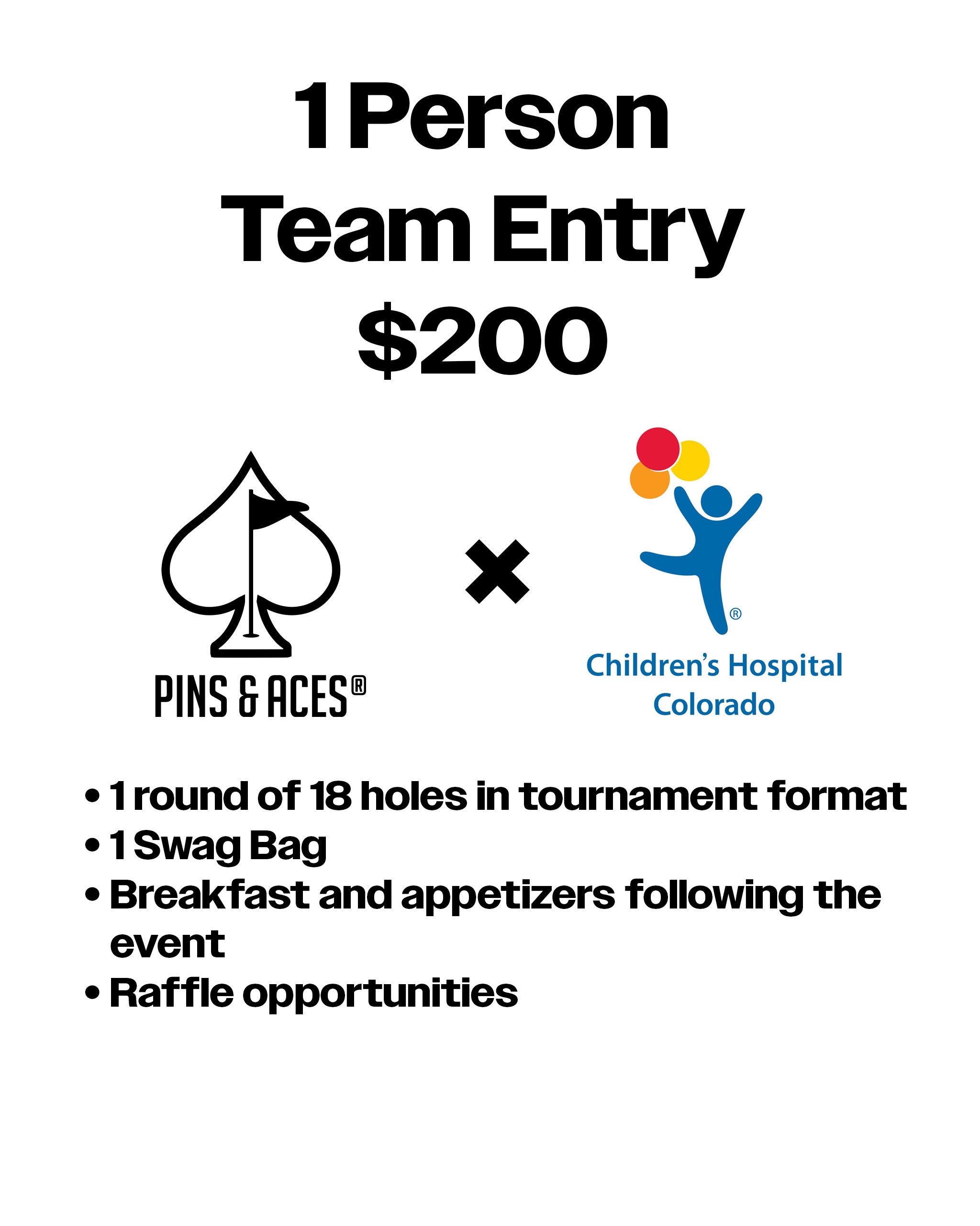 Promotional graphic for Pins and Aces x Children's Hospital NICU Golf Tournament featuring event details and pricing.