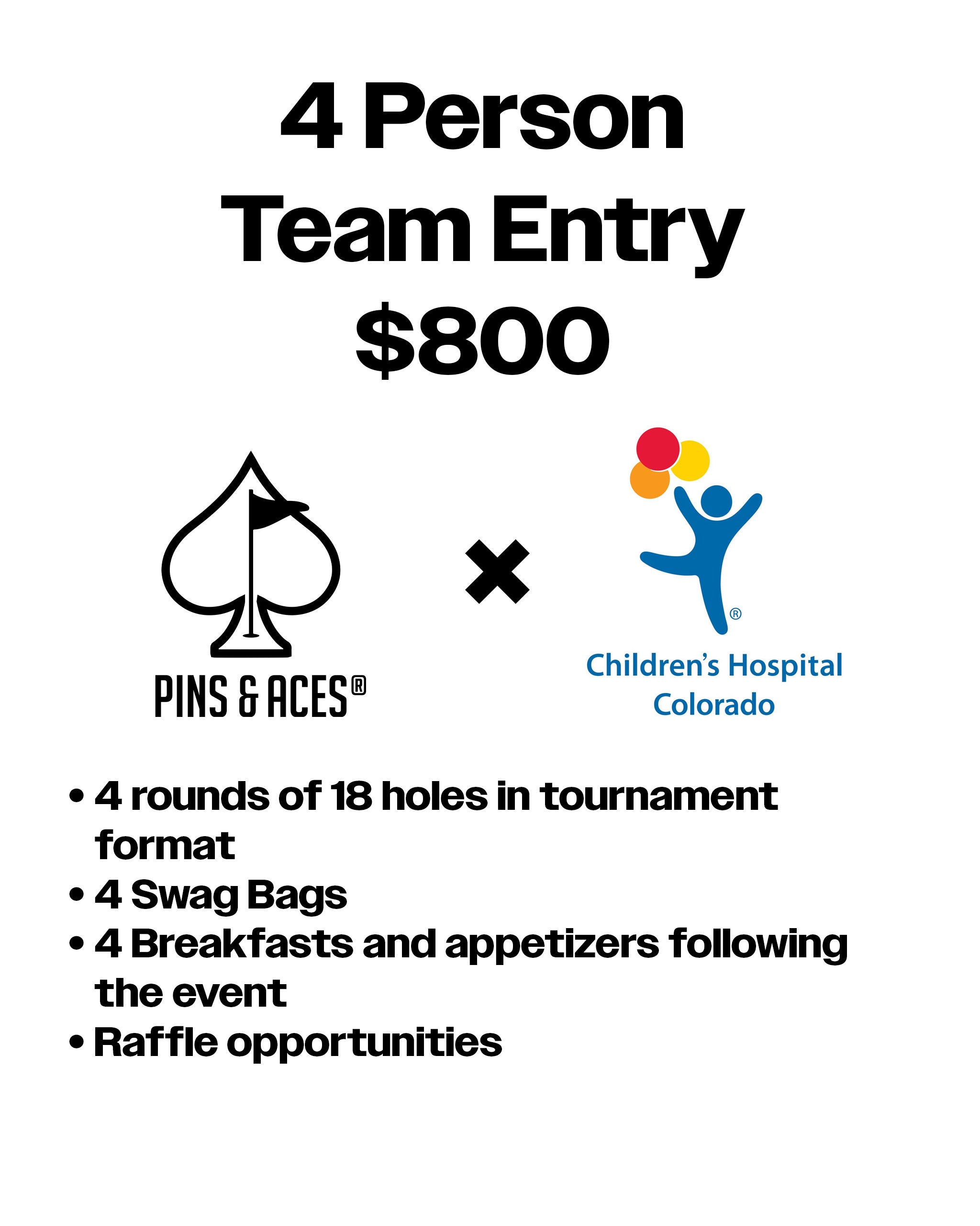 Promotional graphic for a golf tournament entry featuring Pins and Aces and Children's Hospital, detailing team entry cost and benefits.