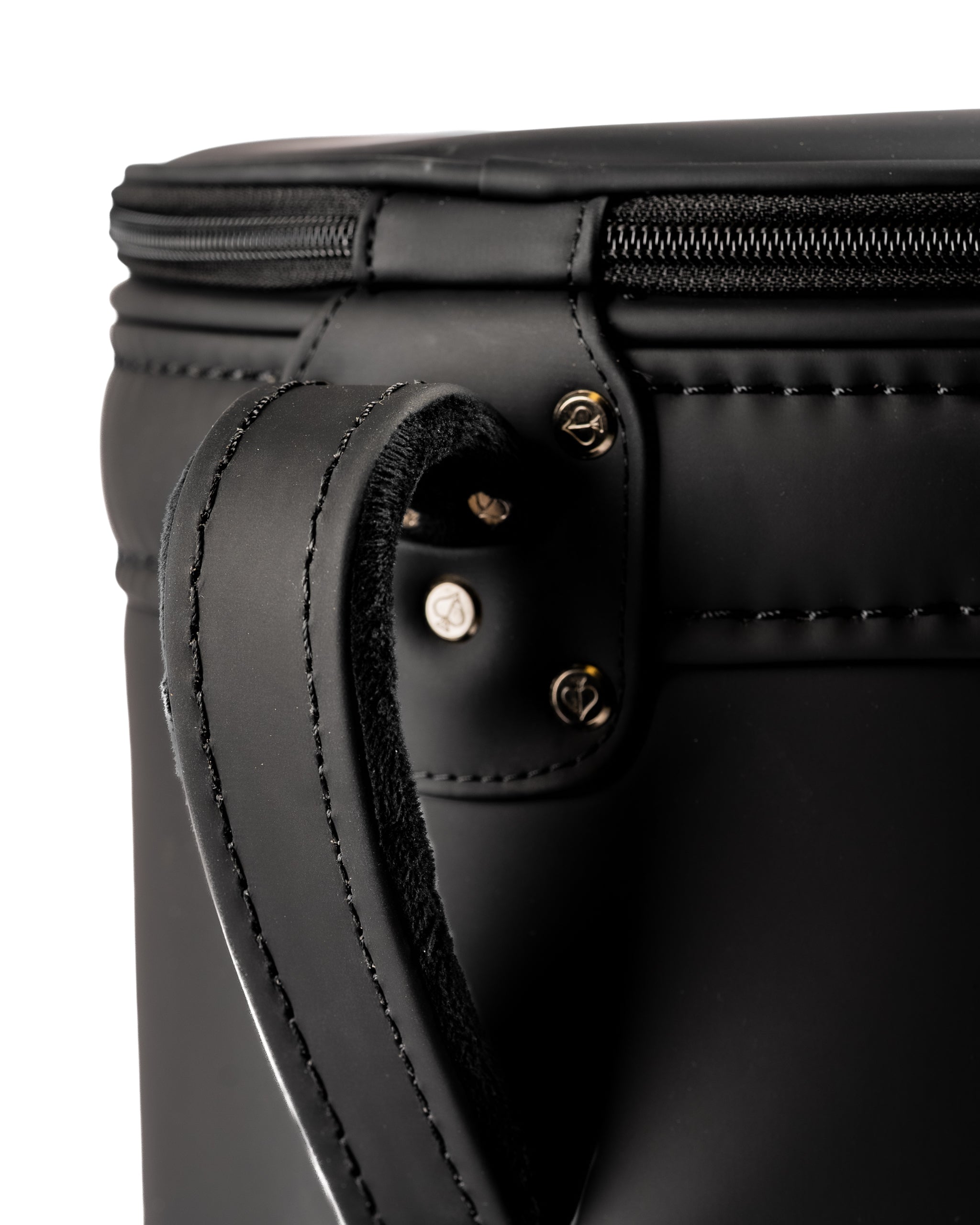 Sleek black Den Caddy with a sturdy handle and zipper, designed for stylish golf accessory storage.