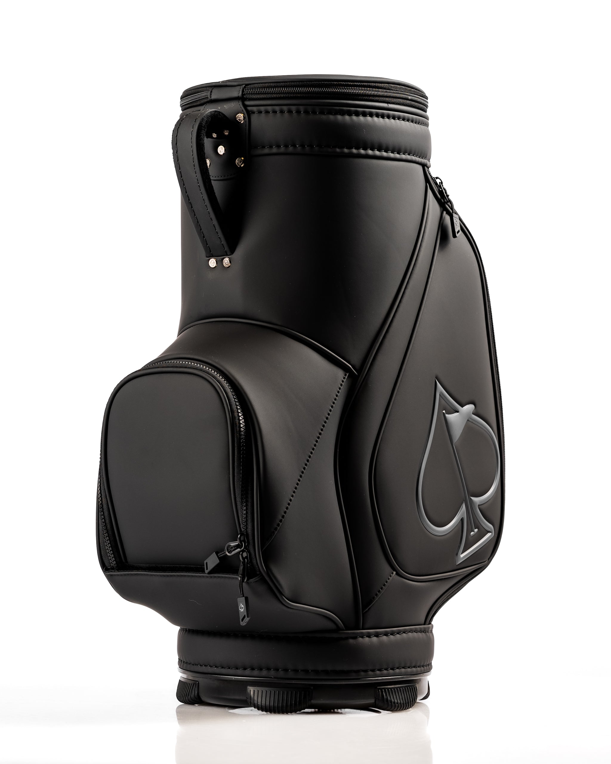 Sleek black golf den caddy with a spade logo, featuring a spacious pocket and durable design for stylish on-course storage.