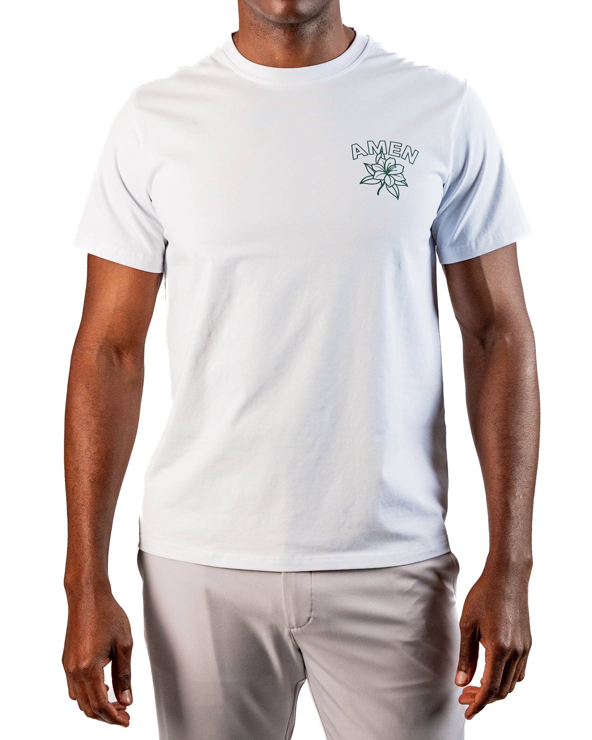 White tee shirt featuring a floral design and "Amen" text on the left chest, perfect for stylish golfers.