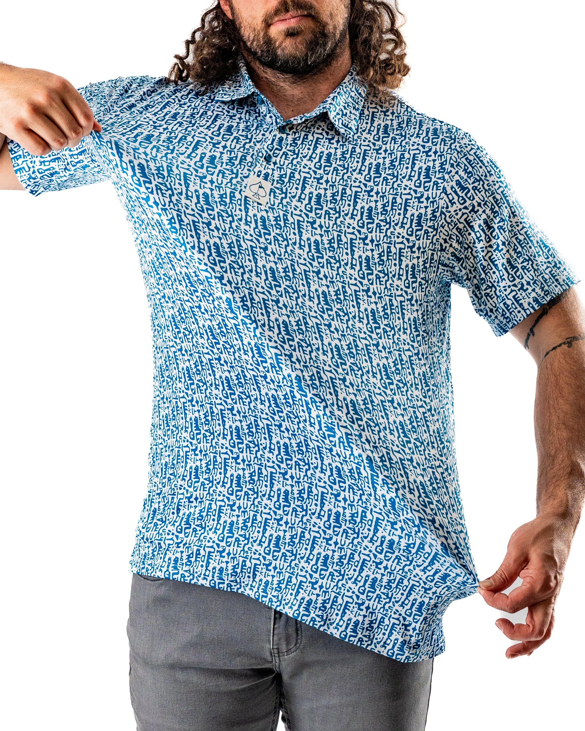 Men's Maze Craze golf shirt featuring a bold blue and white pattern, designed for golfers who want to stand out on the course.