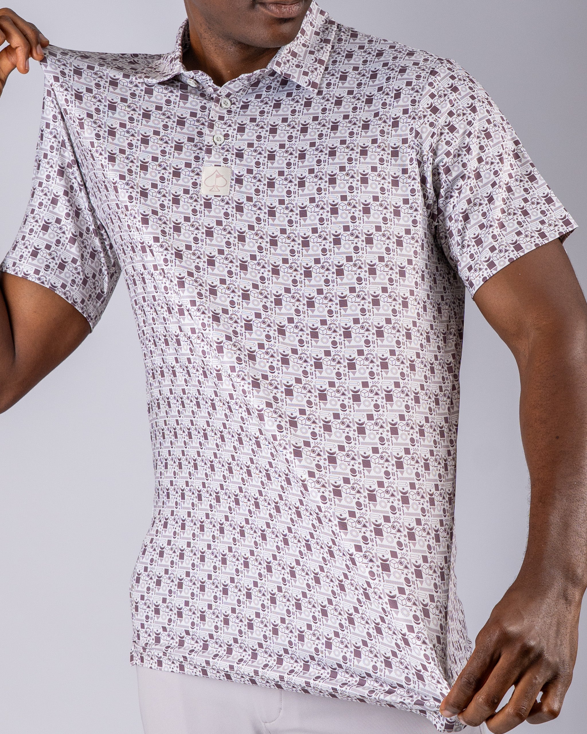 Men's Retro Form golf polo featuring a unique patterned design, showcasing a lightweight and breathable fabric.