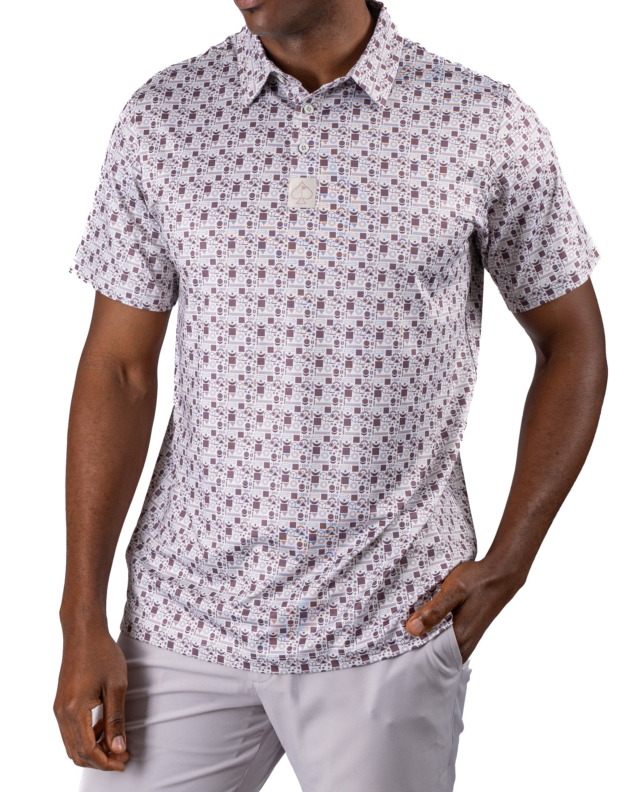 Men's short-sleeve golf shirt featuring a retro geometric pattern in muted colors, designed for a stylish on-course look.