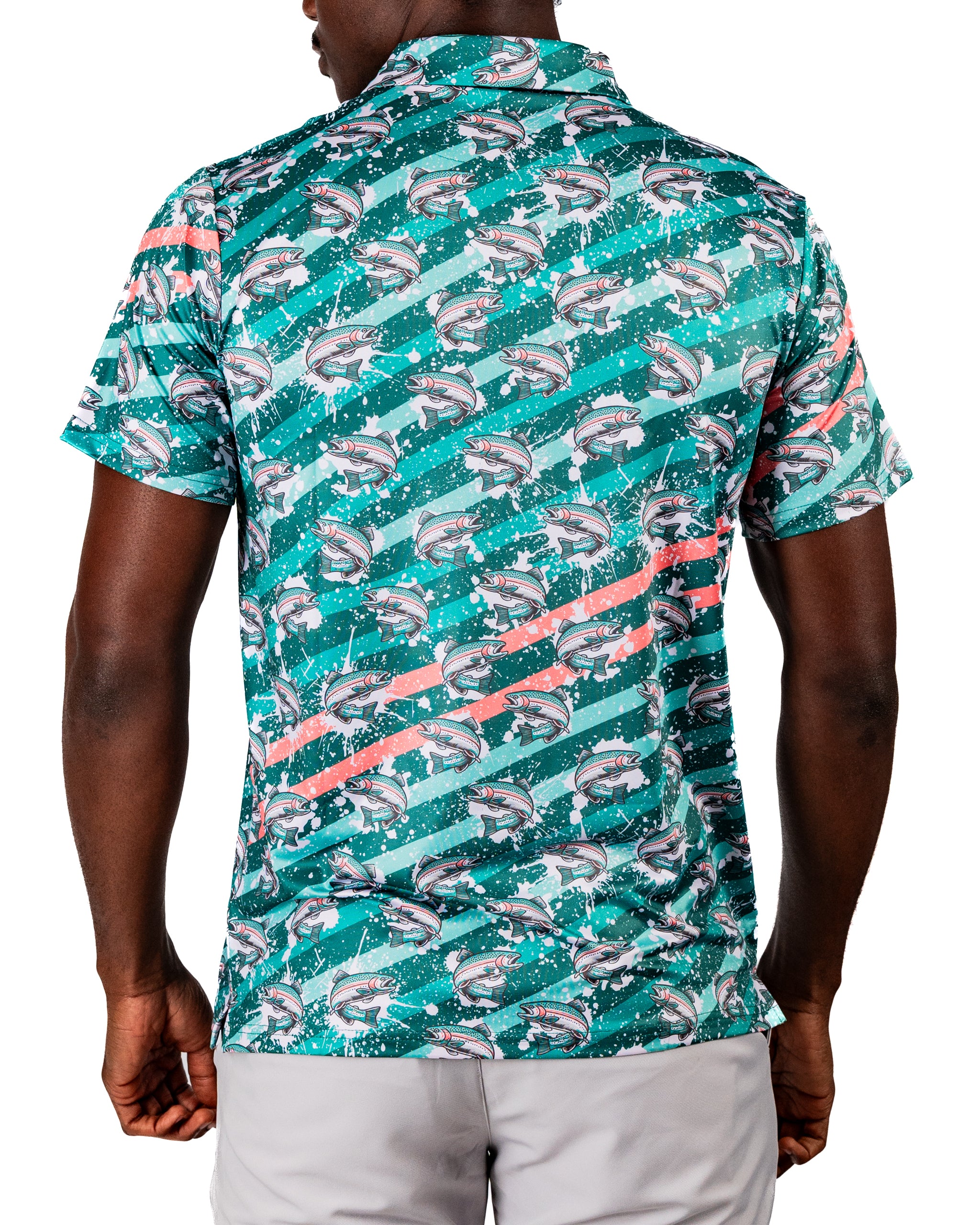 Men's golf shirt featuring a vibrant trout splatter design with bold colors and a unique fish pattern on a teal background.