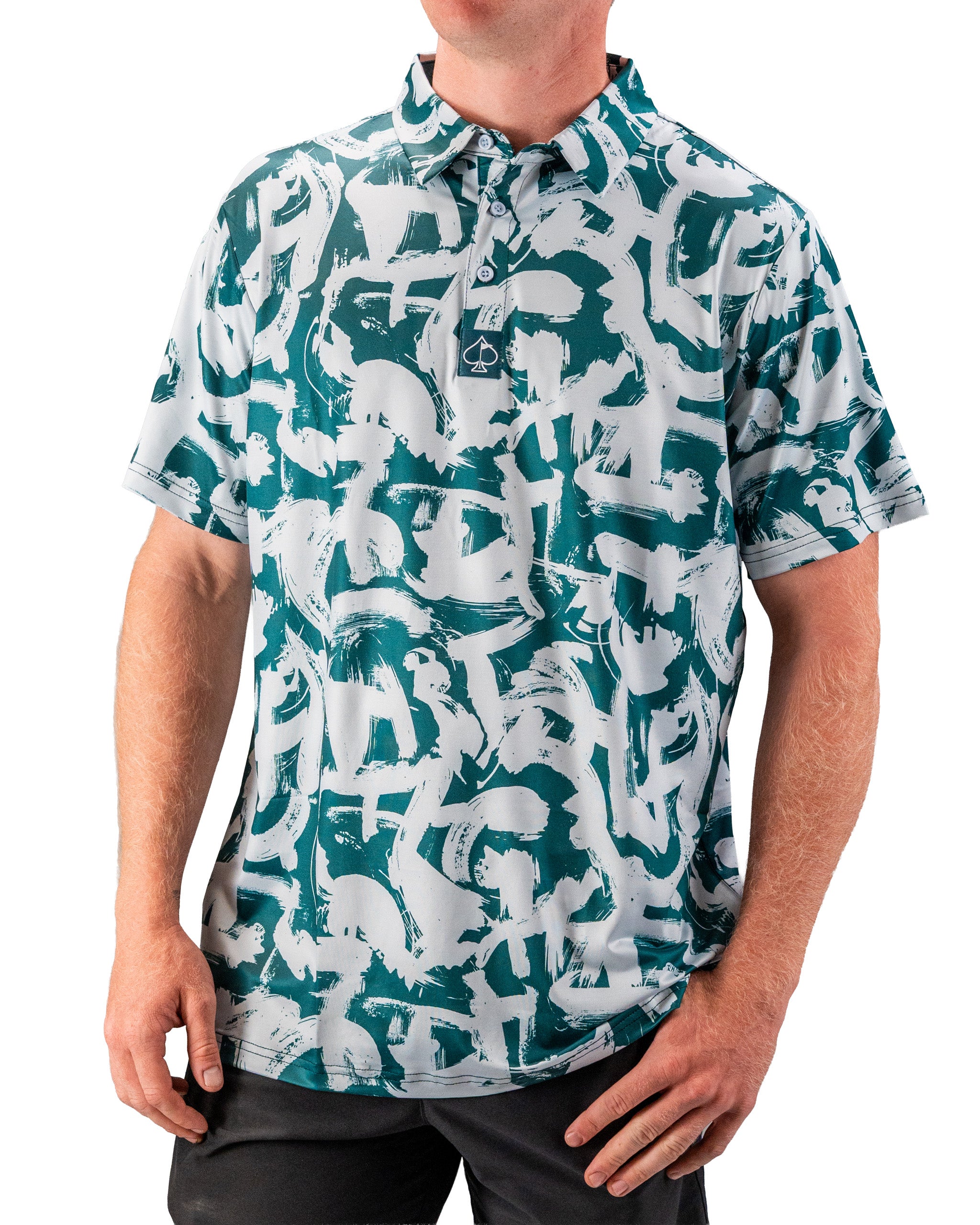 Bold green and white patterned golf polo shirt featuring a modern paint stroke design, perfect for stylish golfers.