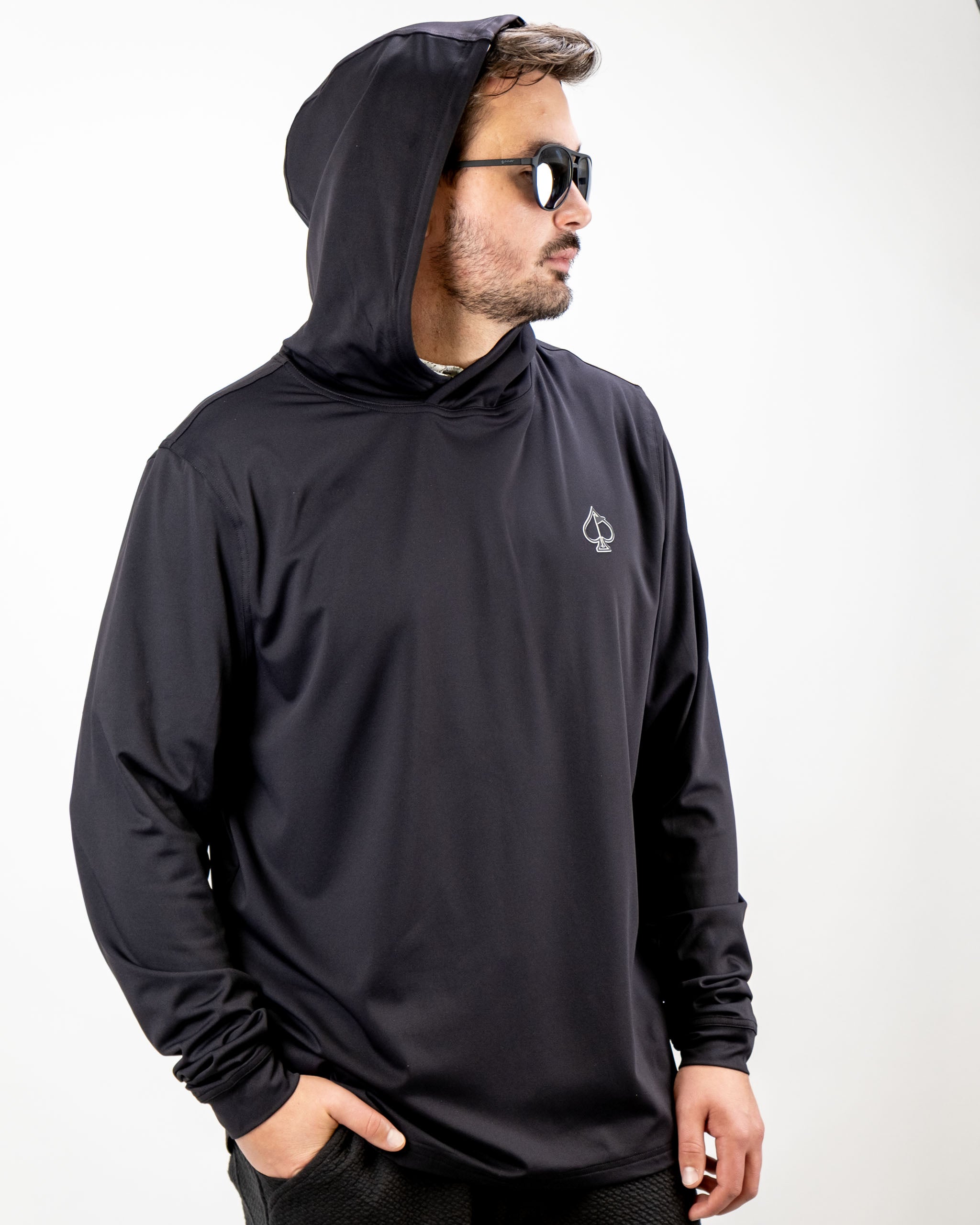 Men's performance golf hoodie in black with a sleek design, featuring a hood and logo, perfect for stylish golfers.