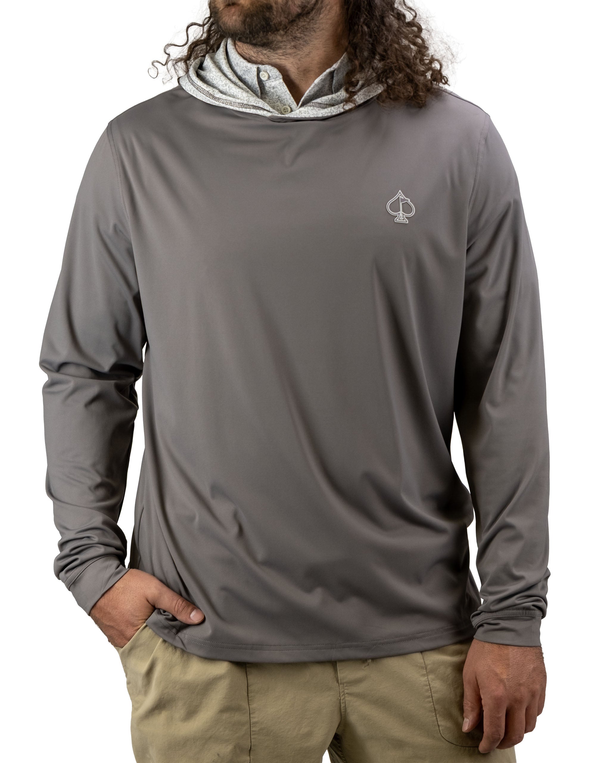 Men's performance golf hoodie in gray with a stylish hood, featuring a subtle logo, ideal for golfers seeking comfort and style.