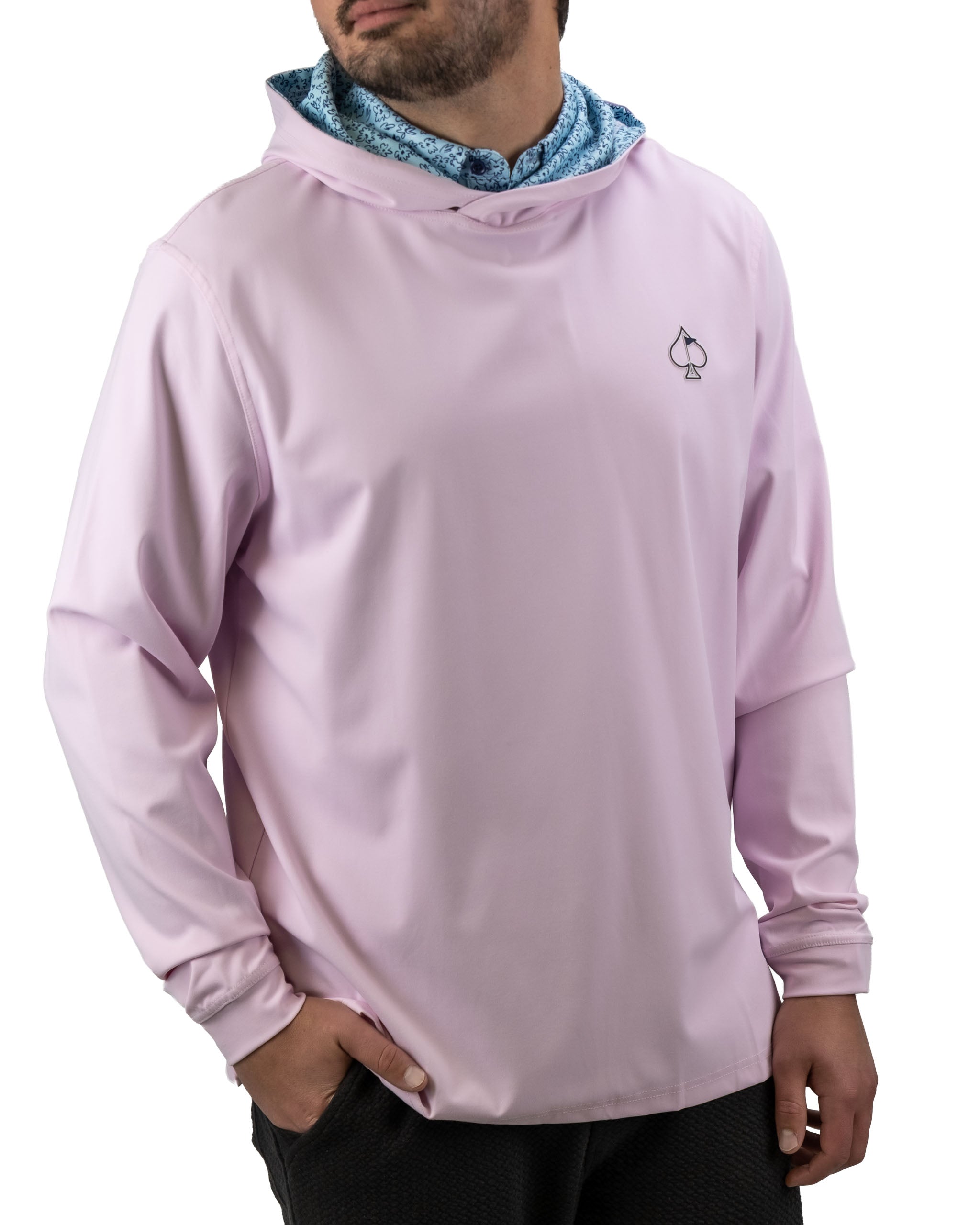Men's performance golf hoodie in light pink with a blue floral doodle hood, designed for style and comfort on the course.