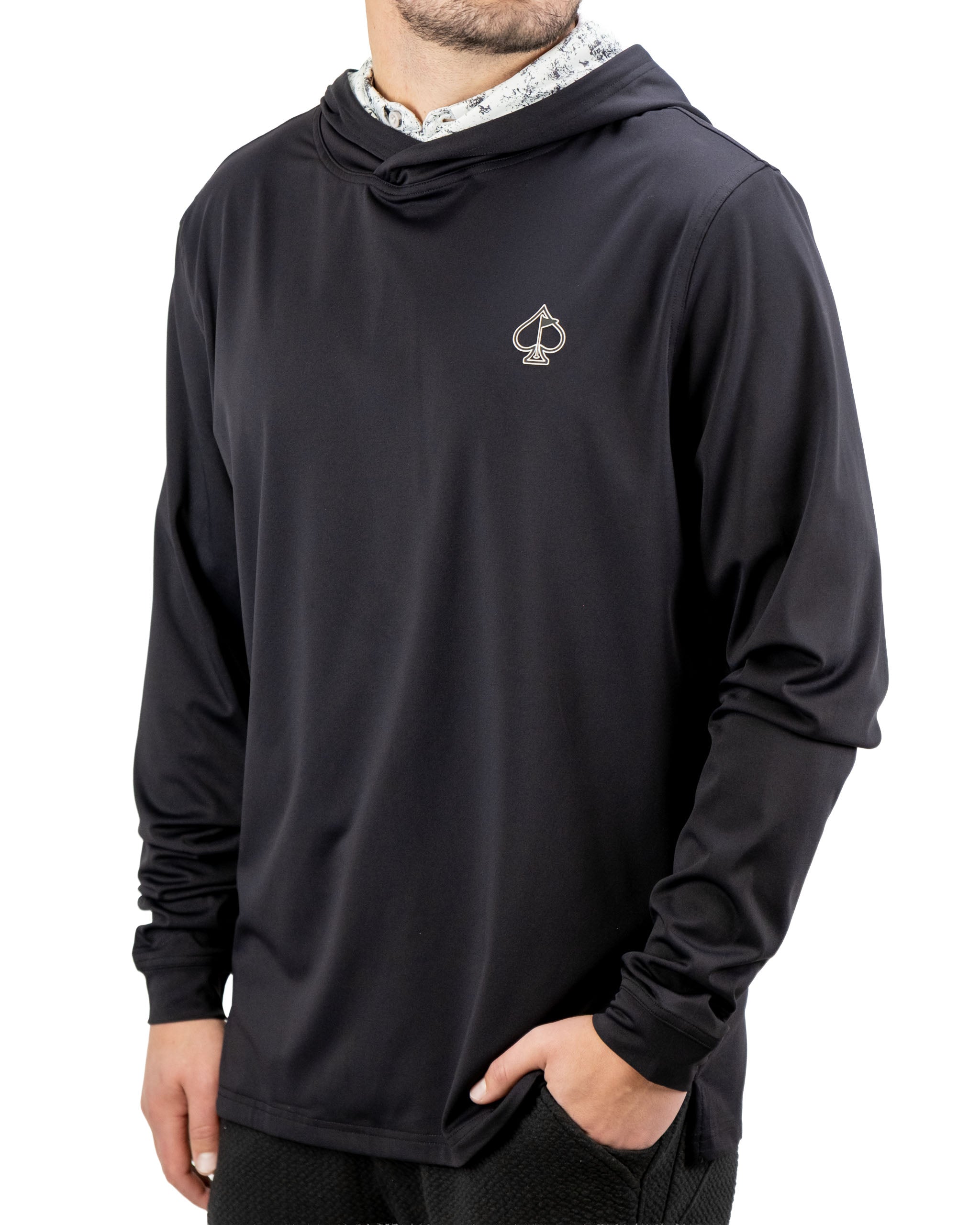 Men's performance golf hoodie in black with a stylish logo, designed for comfort and mobility on the course.