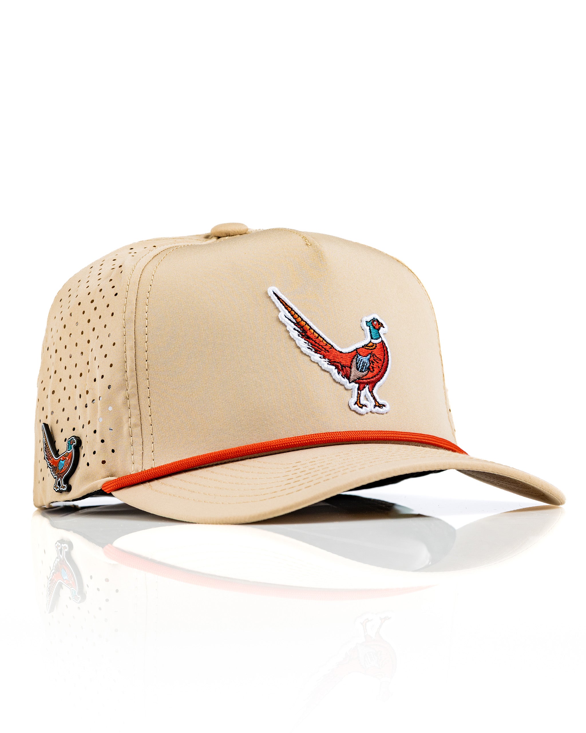 Perforated beige rope hat featuring a colorful pheasant design and contrasting red trim, ideal for stylish golfers.