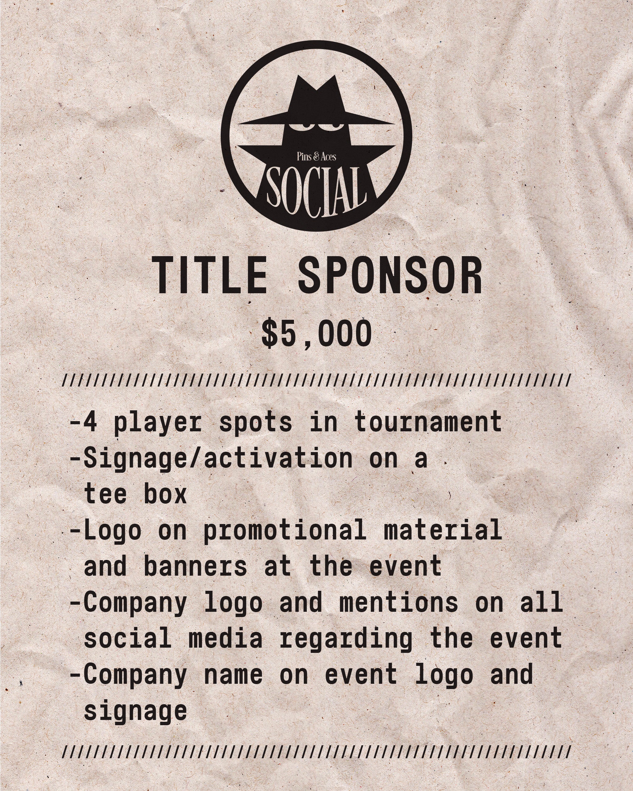 Promotional flyer for Pins and Aces Social Golf Tournament, detailing sponsorship benefits and event information.