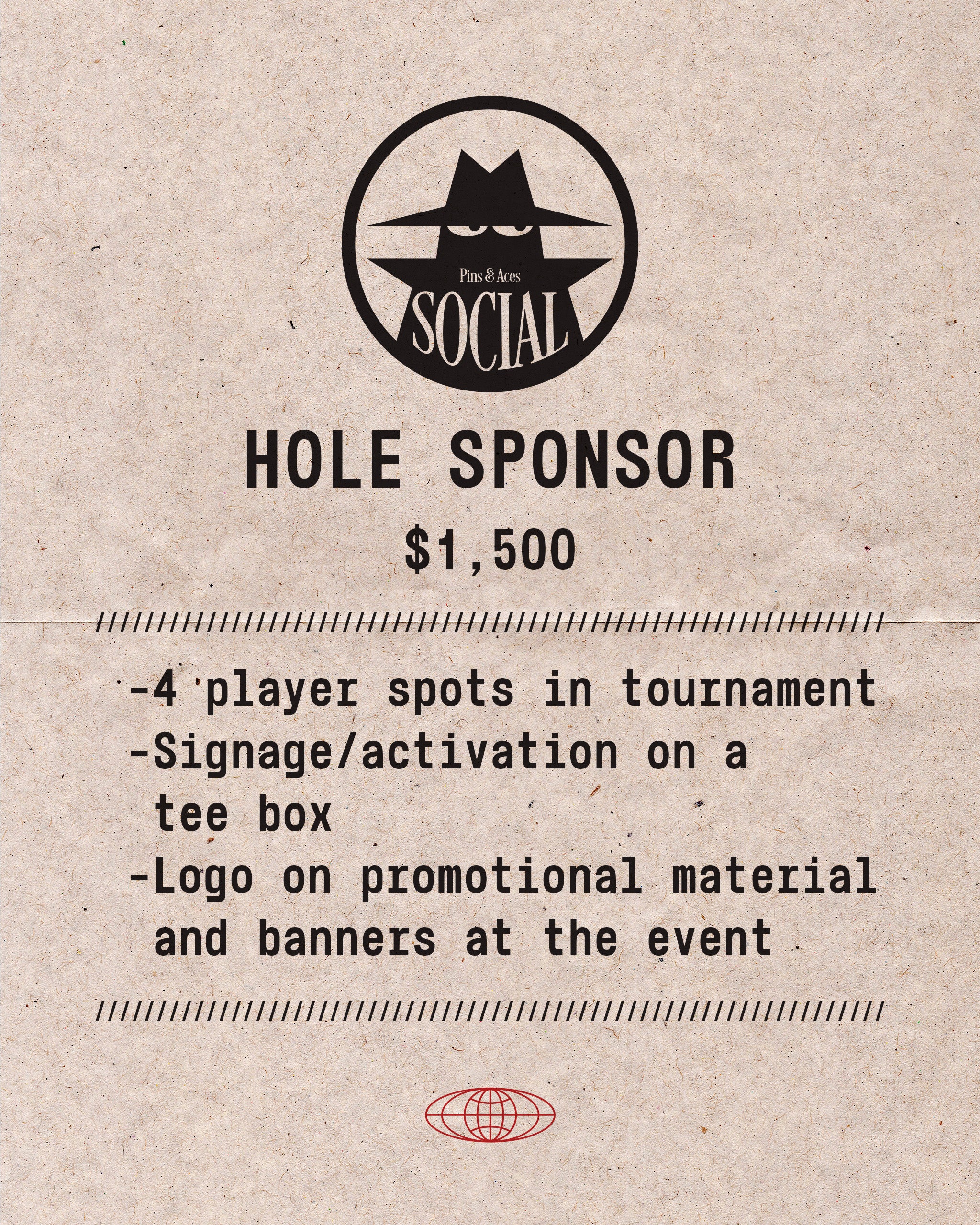 Promotional flyer for Pins and Aces Social Golf Tournament, detailing hole sponsorship benefits and pricing.