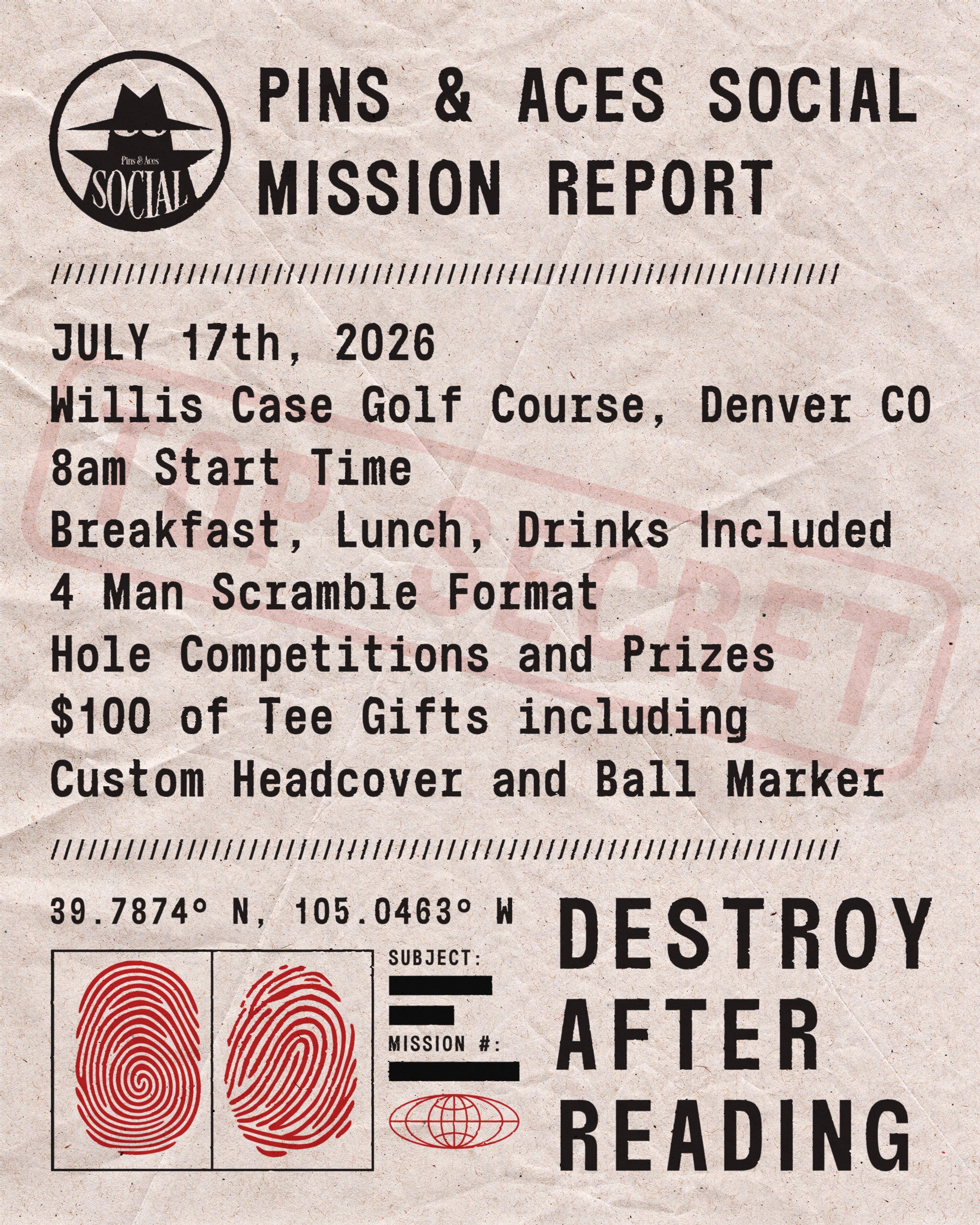 Event flyer for Pins and Aces Social Golf Tournament on July 17, 2026, featuring details about the location, format, and prizes.