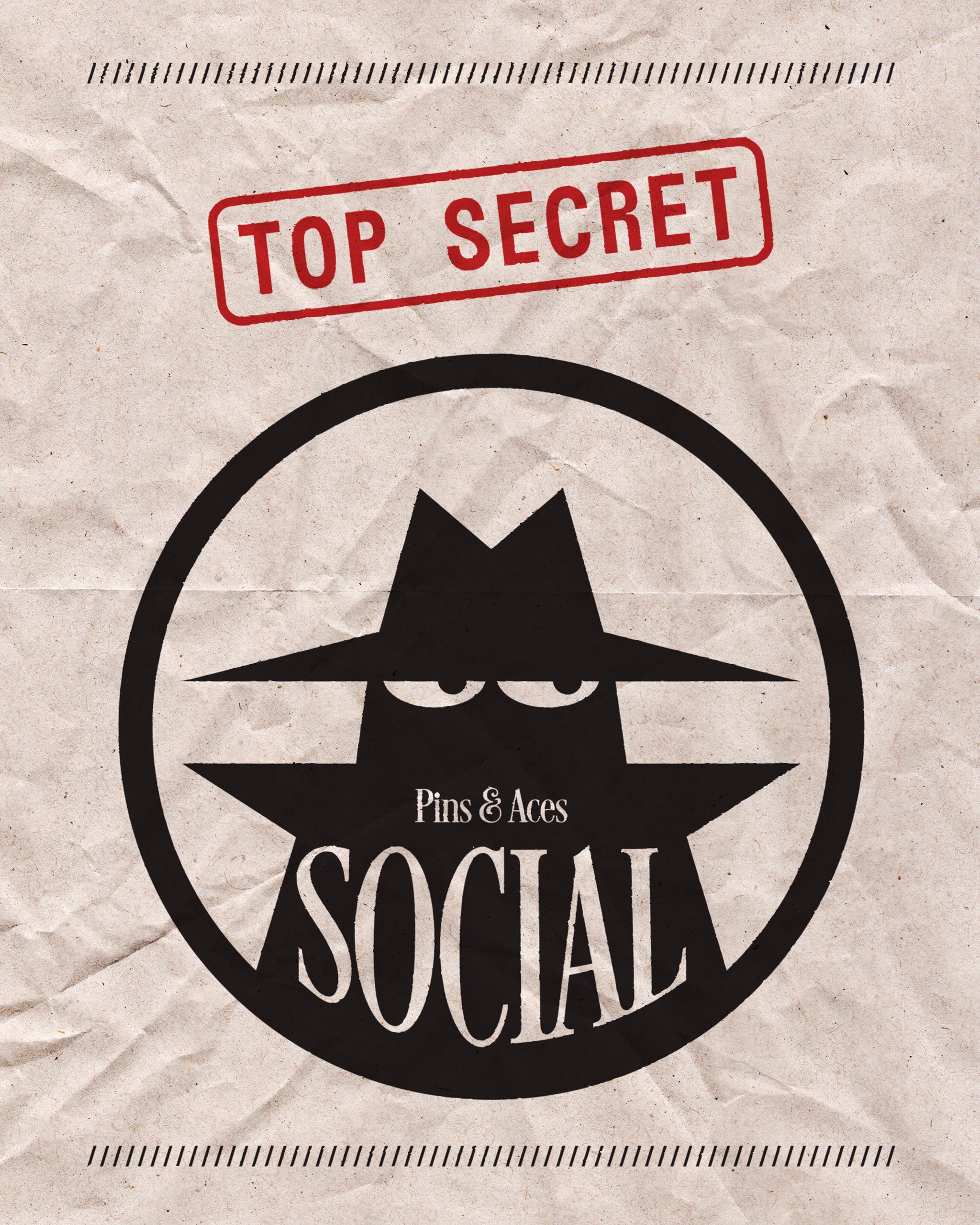 Promotional graphic for Pins and Aces Social Golf Tournament featuring a spy silhouette and "Top Secret" stamp.