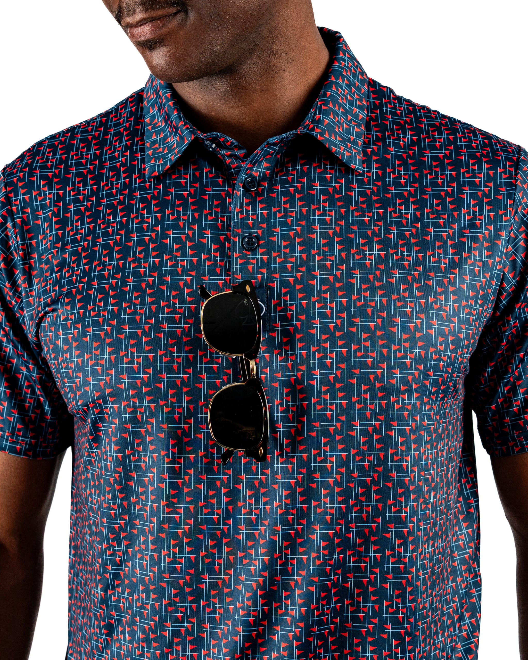 Men's golf polo featuring a bold USA flag stick pattern, perfect for stylish performance on the course.