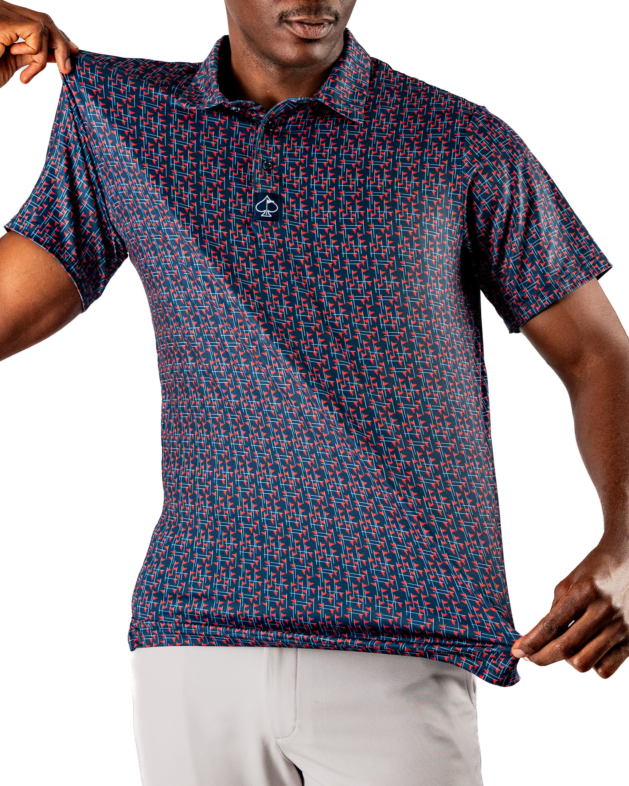Men's golf polo shirt featuring a bold USA flag design, perfect for stylish performance on the course.