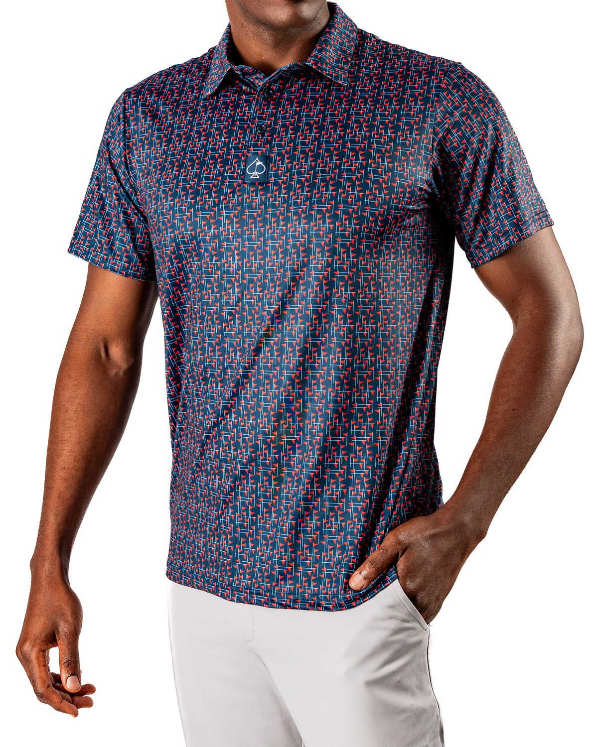 Men's golf shirt featuring a bold USA flag stick pattern, designed for style and performance on the course.