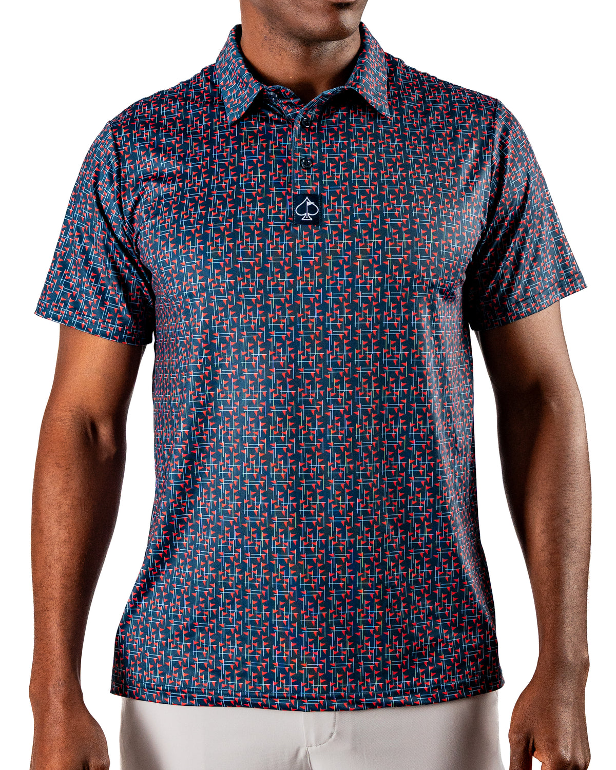 Men's golf polo featuring a bold, geometric pattern in red, white, and blue, perfect for patriotic golfers.