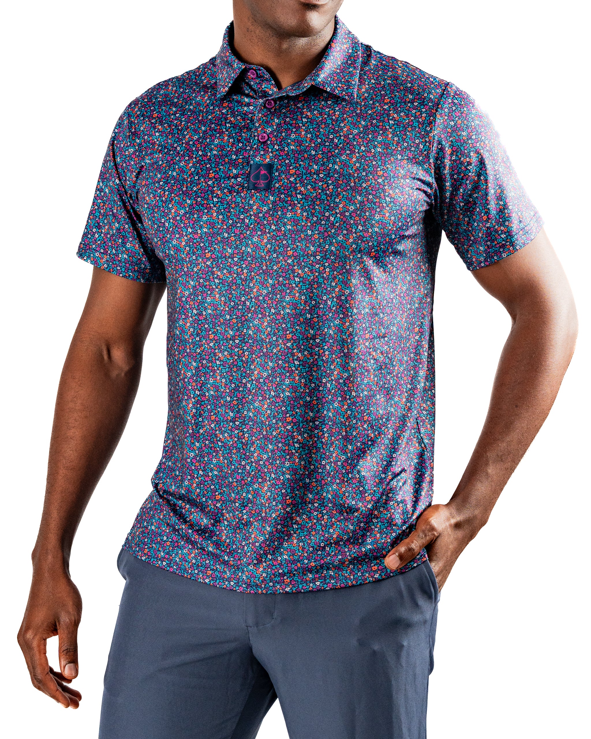Men's short-sleeve golf polo featuring a vibrant lavender floral pattern, designed for a stylish and bold look on the course.