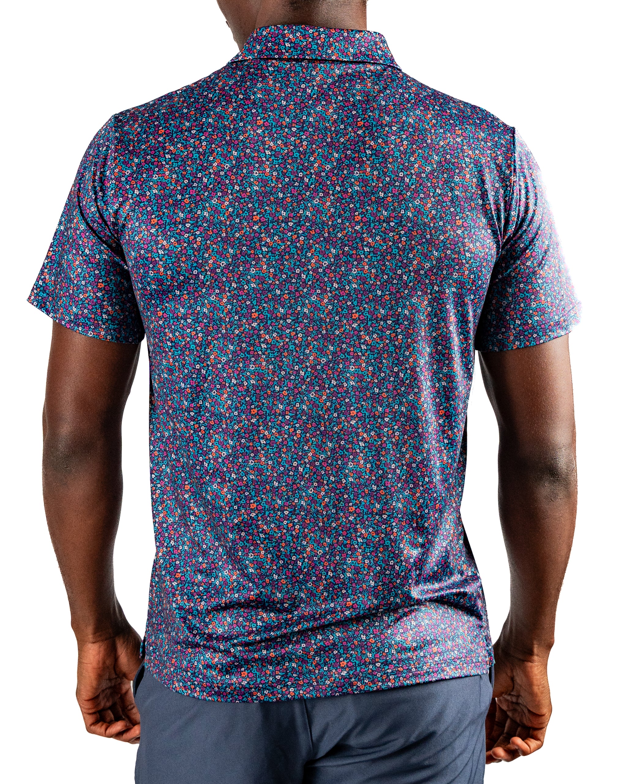 Men's golf polo shirt featuring a vibrant lavender floral pattern, designed for a stylish and bold look on the course.