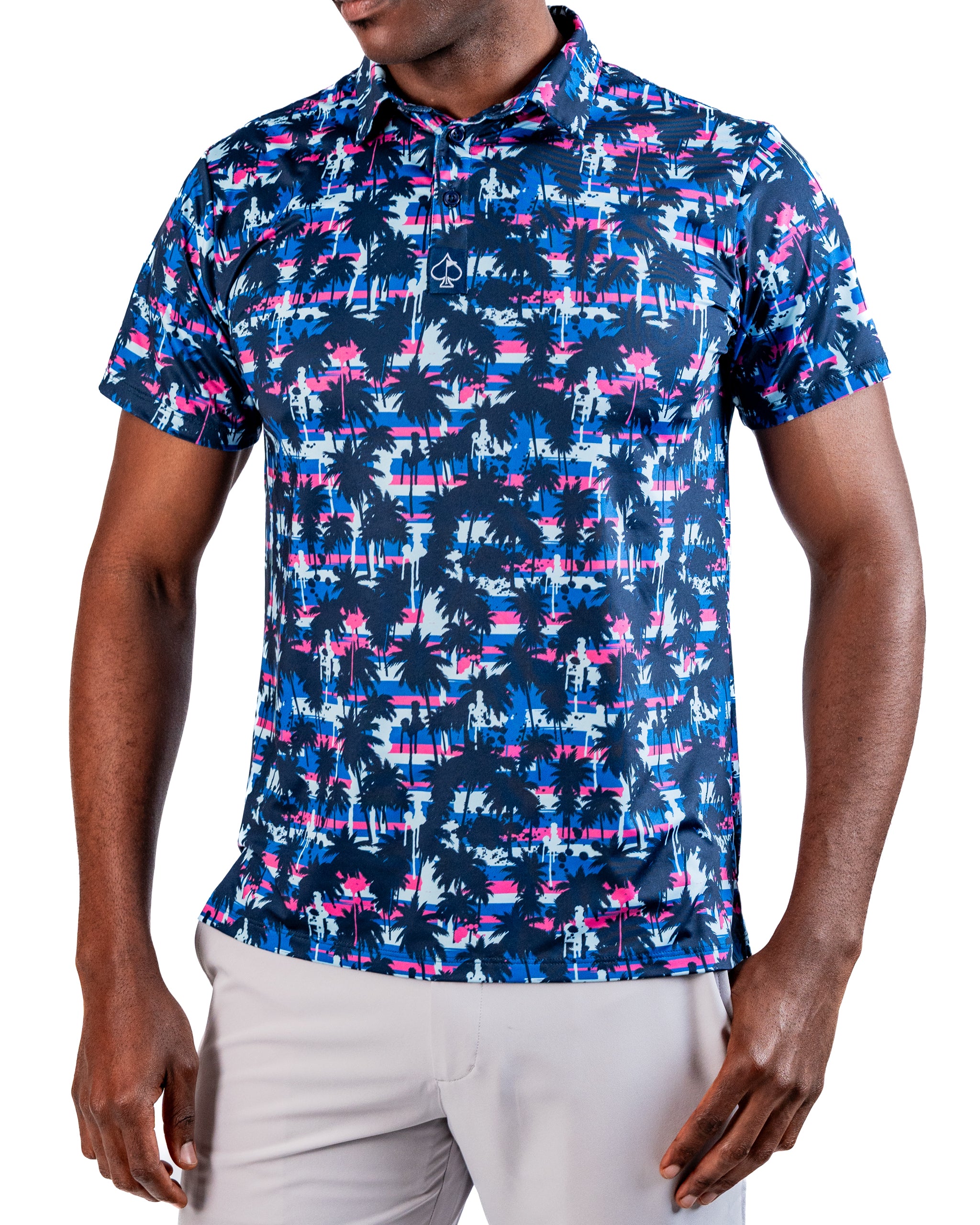Men's short-sleeve golf shirt featuring a vibrant palm tree pattern in navy, pink, and blue, perfect for stylish play on the course.
