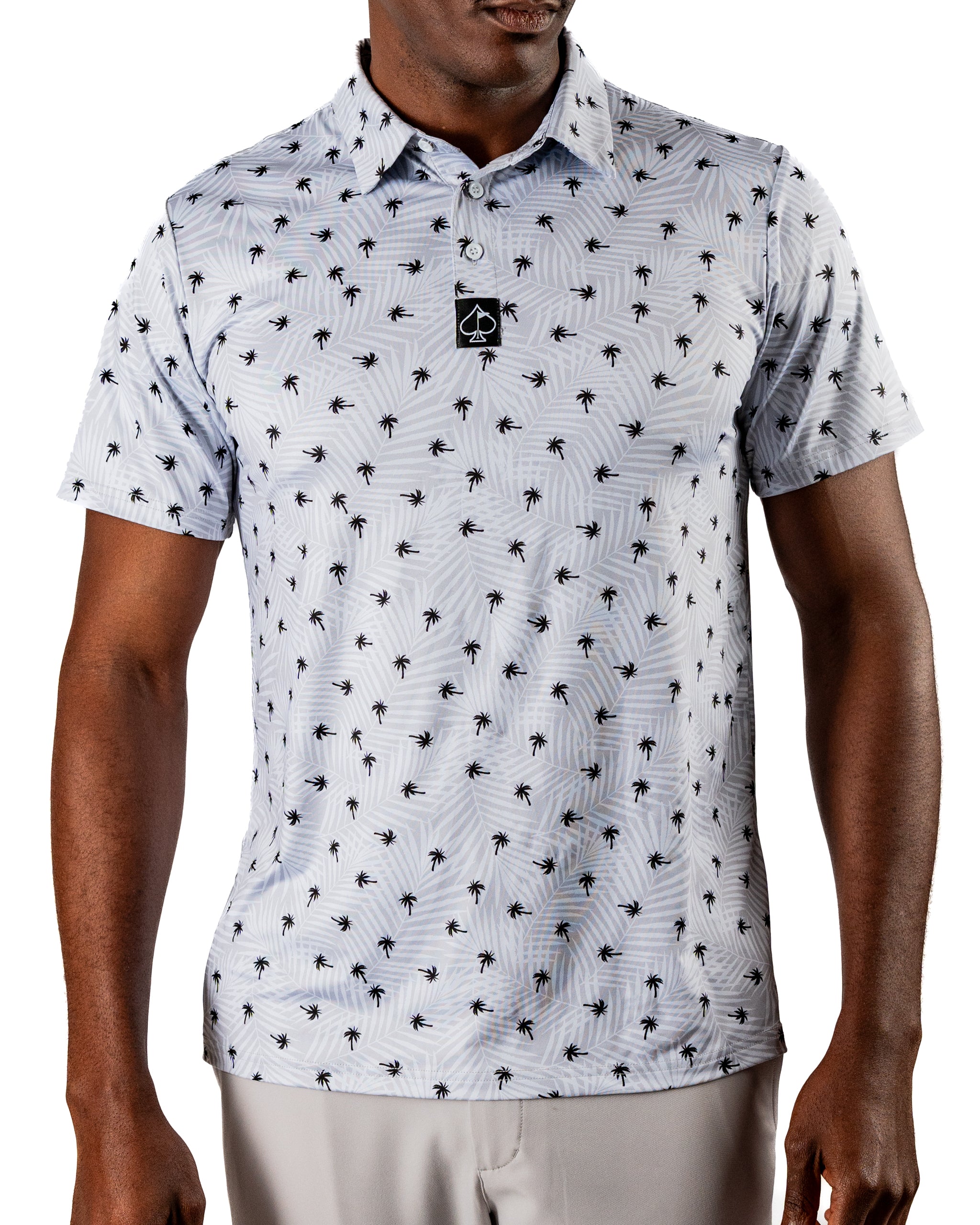 Men's short-sleeve golf shirt featuring a light blue palm tree pattern, designed for a stylish and comfortable look on the course.