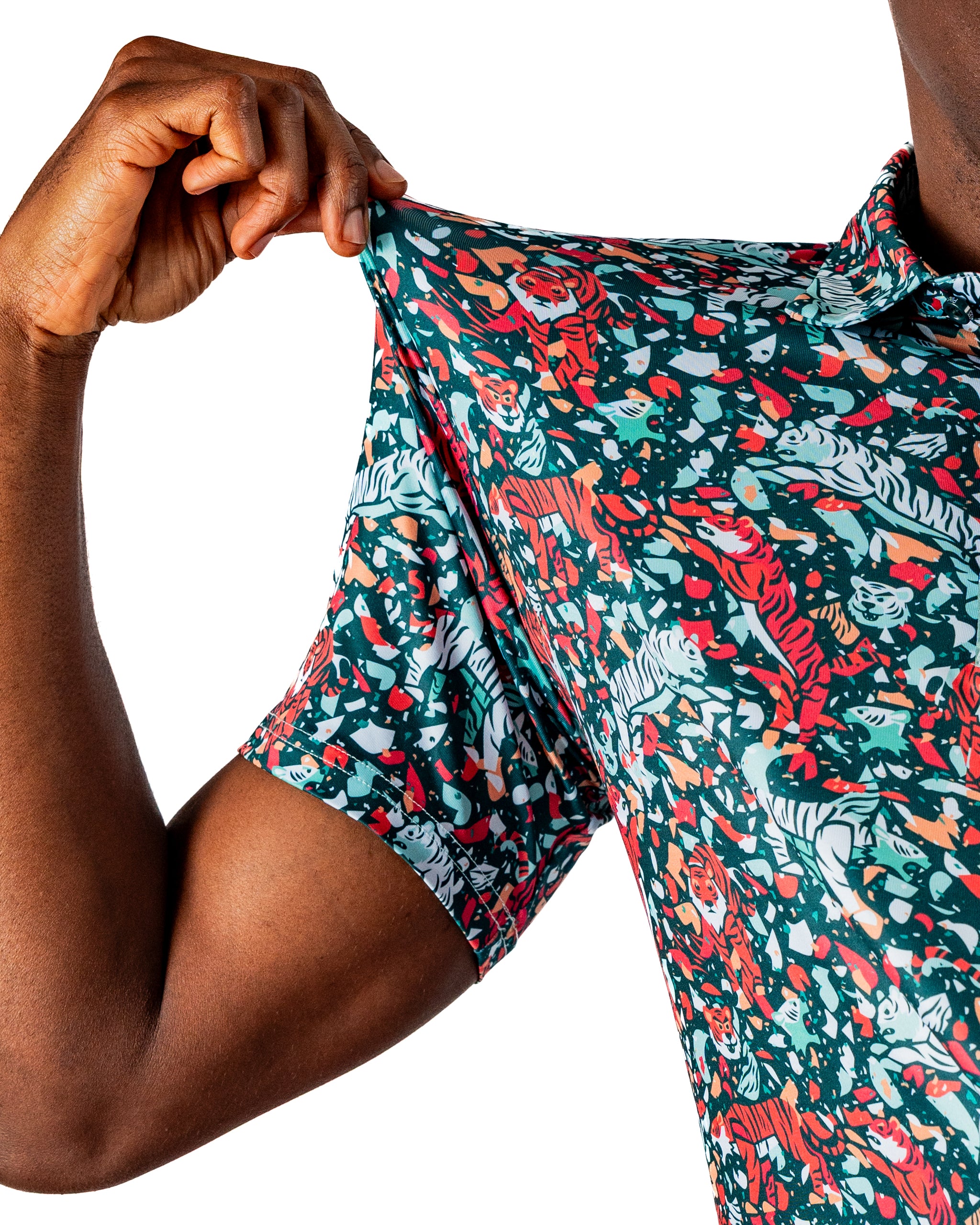 Bold teal golf shirt featuring a vibrant tiger print, perfect for golfers wanting to make a statement on the course.