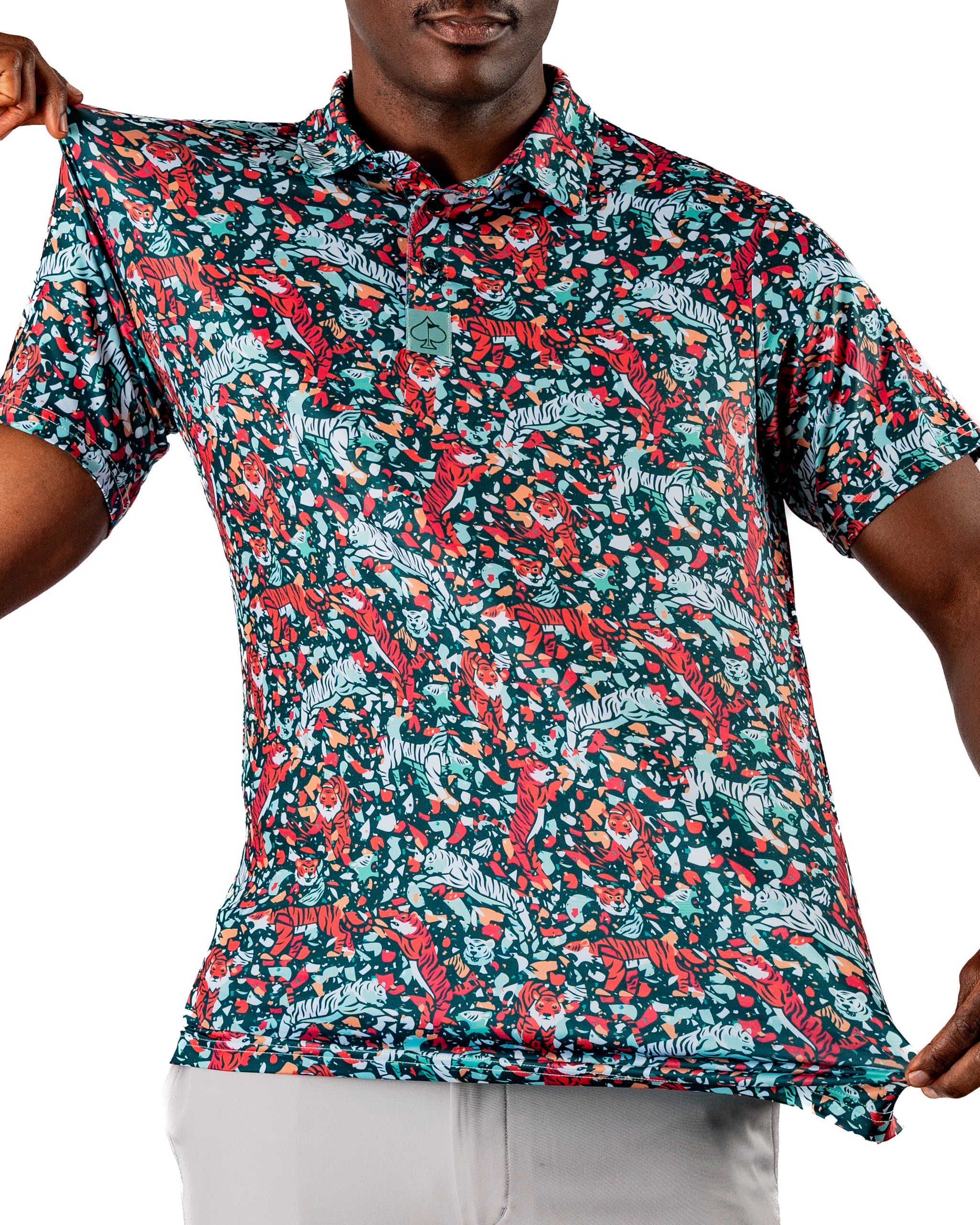 Bold teal golf polo featuring a vibrant tiger and floral pattern, designed for golfers who want to stand out on the course.