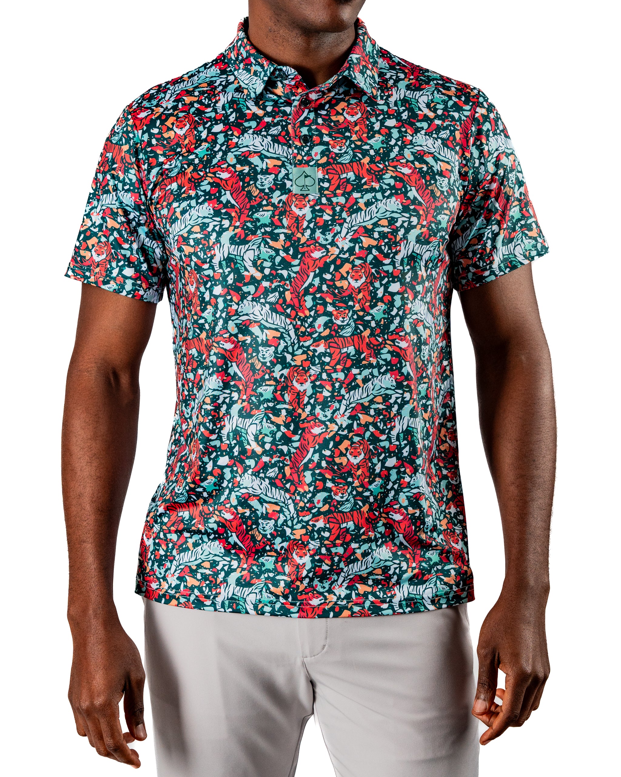Bold teal golf shirt featuring a vibrant tiger and floral pattern, designed for golfers who want to stand out on the course.