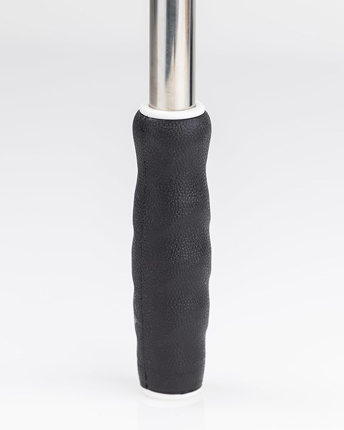 Close-up of a black textured grip on a 14-foot ball retriever, showcasing its ergonomic design for easy handling.