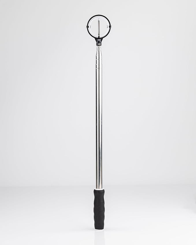 14-foot ball retriever with a sturdy metal pole and a rubber grip handle for easy retrieval of golf balls.