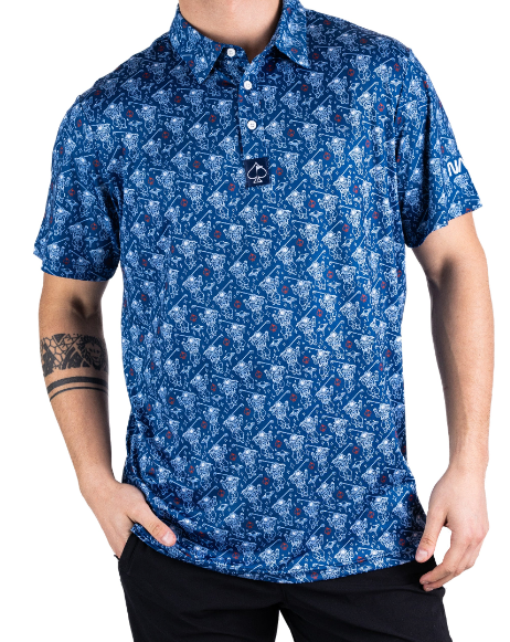 Men's blue golf shirt featuring a NASA Space Walker design with vibrant patterns, perfect for stylish golfers.
