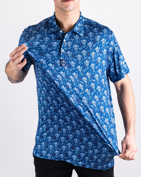 Bold blue golf polo featuring a NASA Space Walker design, showcasing unique space-themed graphics for standout style on the course.