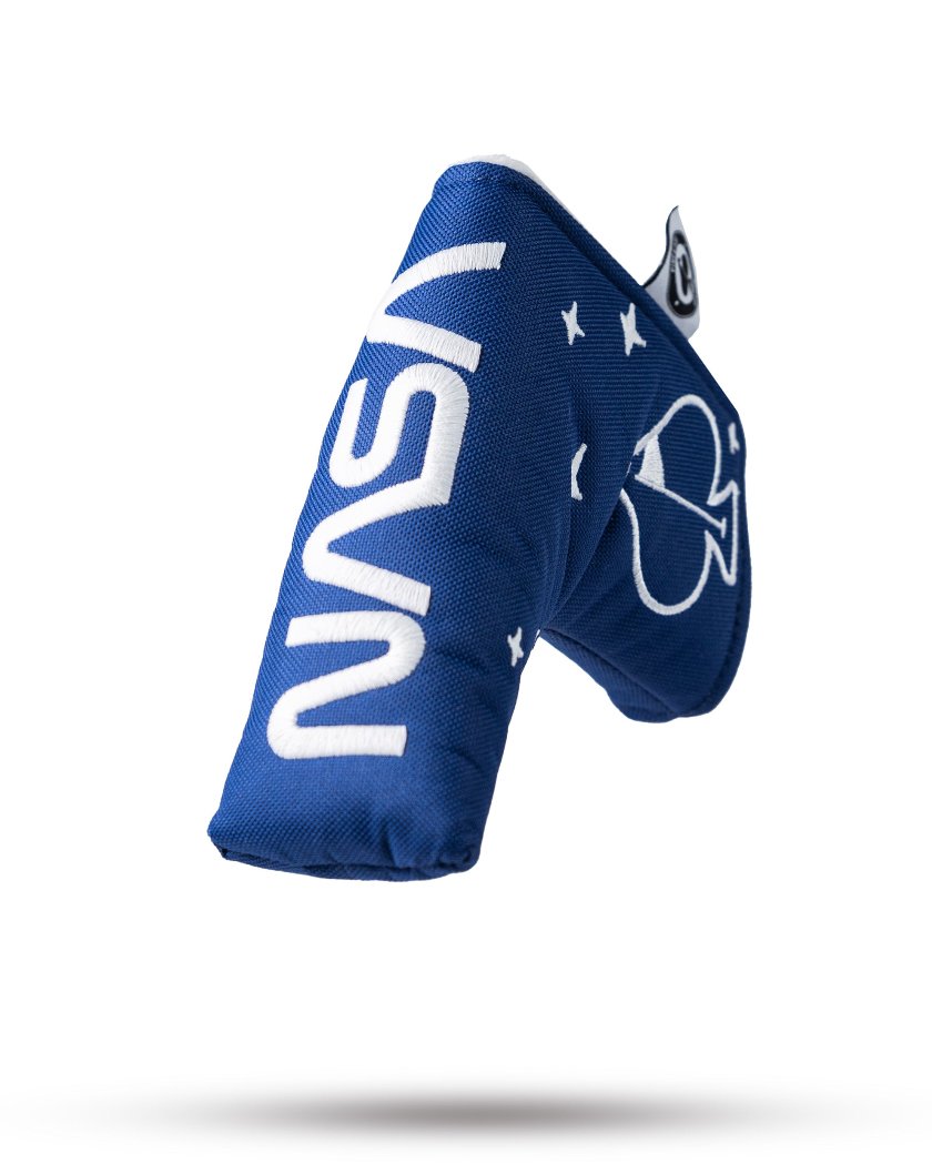 Bold blue blade putter cover featuring NASA logo and space-themed design, perfect for golfers who want to stand out.