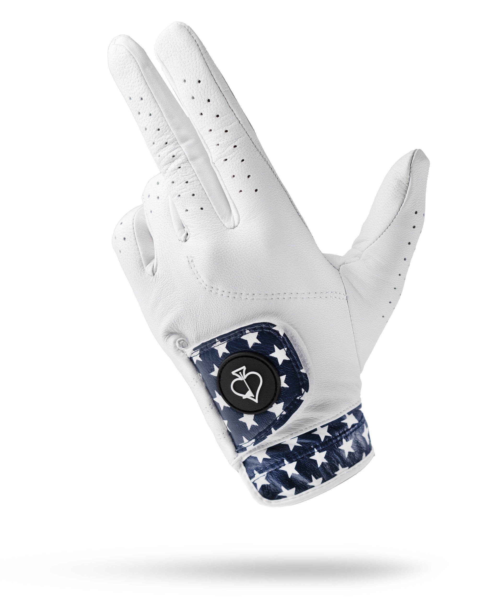 Premium Tour Glove featuring a white leather design with a star-patterned cuff, ideal for stylish golfers.