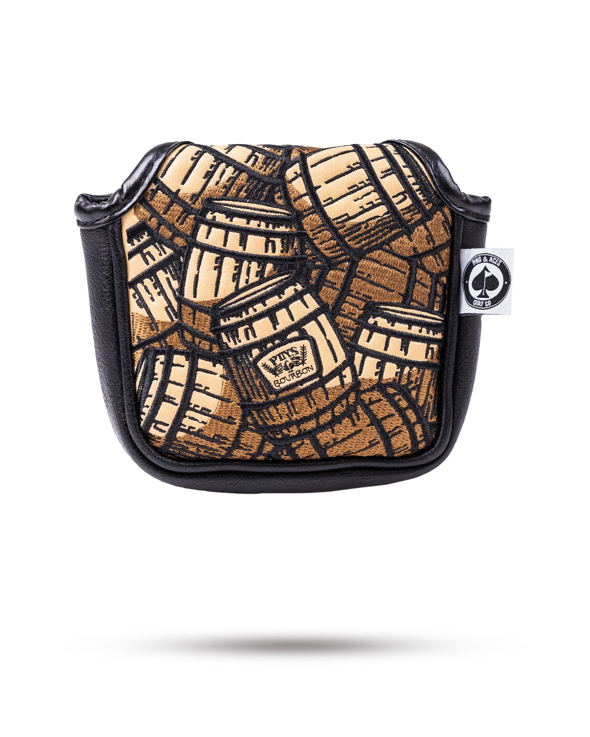 Bourbon Barrel mallet cover featuring a textured design of bourbon barrels on a black background, ideal for stylish golfers.