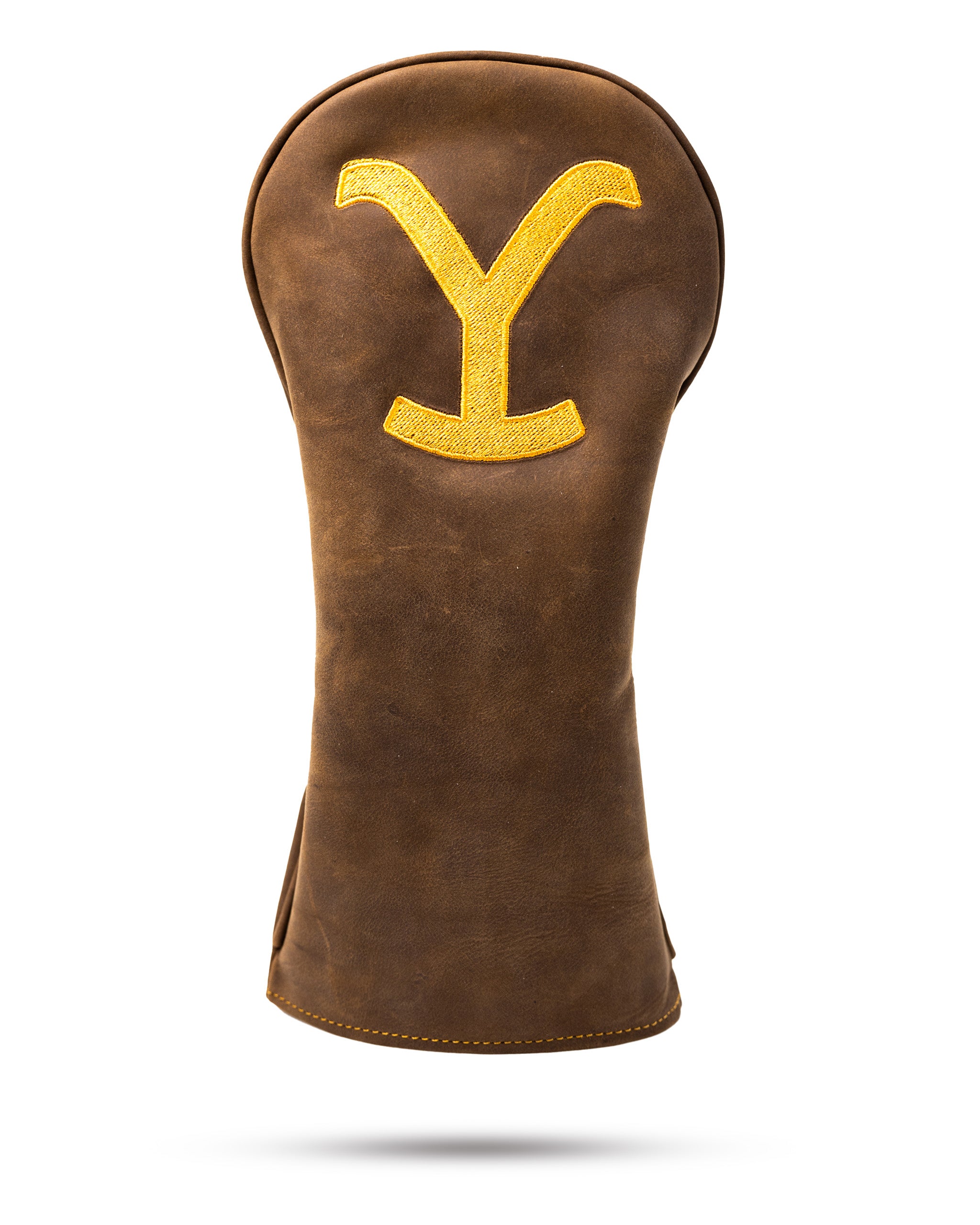 Brown leather driver cover featuring a prominent yellow "Y" logo, designed for golfers seeking a stylish accessory.