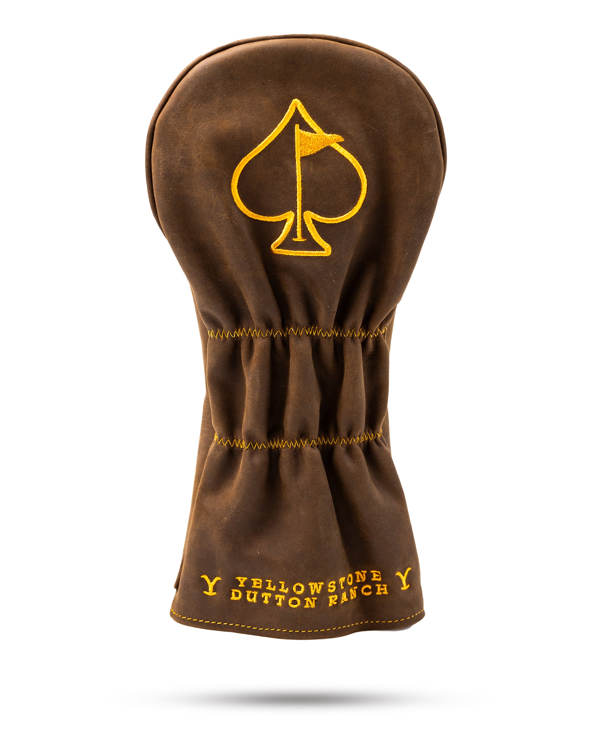 Brown leather driver cover featuring a yellow spade design and "Yellowstone Dutton Ranch" embroidered text.