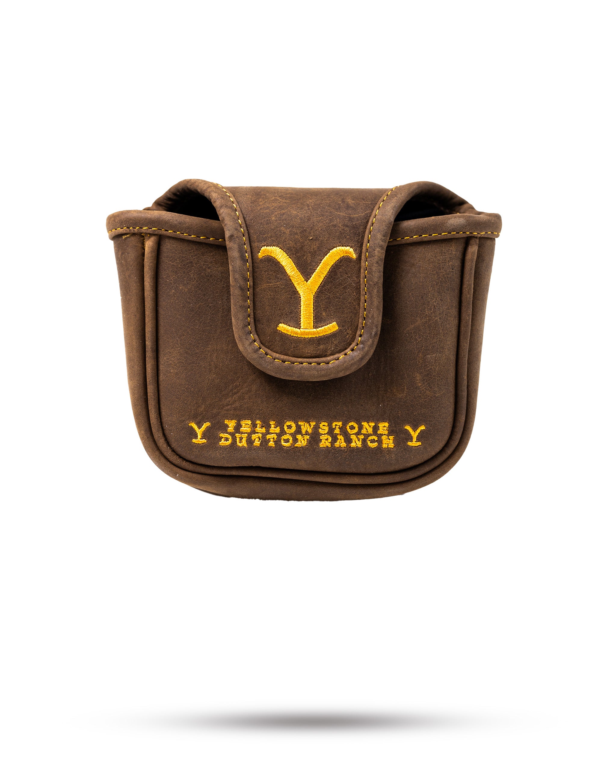 Yellowstone mallet putter cover in brown leather with yellow embroidered logo and Dutton Ranch text.