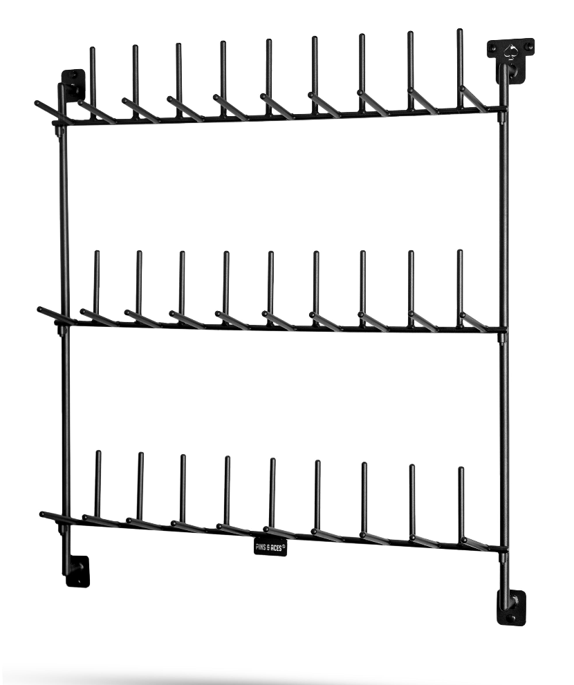 Sturdy black headcover rack with multiple slots for organized storage of golf headcovers, ideal for golfers.