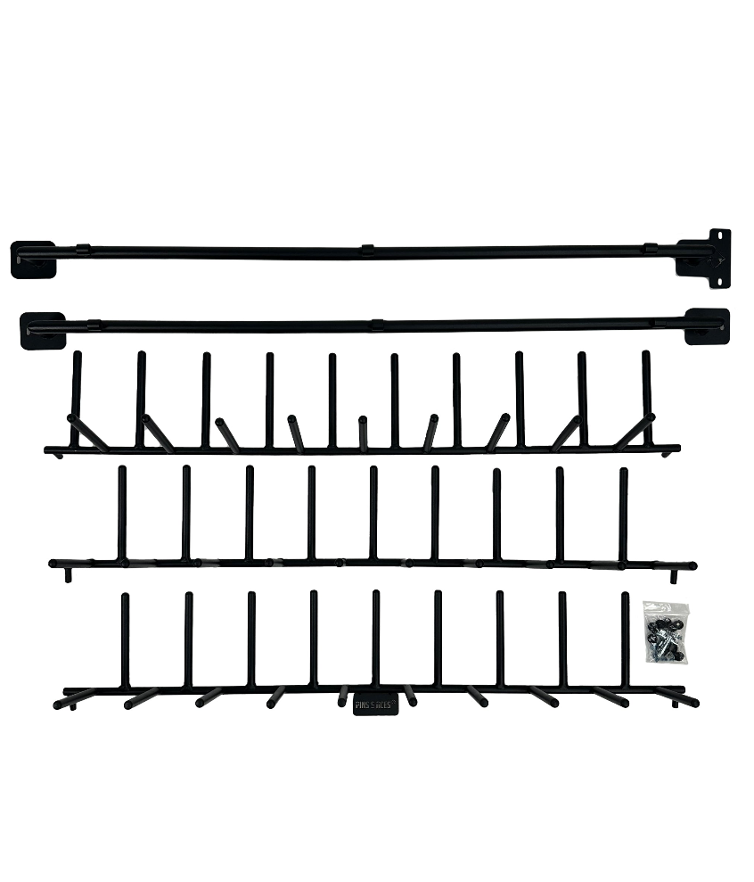 Sturdy black headcover rack with multiple hooks for organized storage, includes mounting hardware for easy installation.