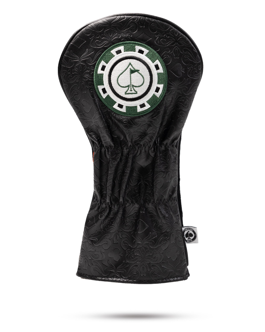 Blackjack driver cover featuring a green spade logo on a sleek black background, designed for stylish golf protection.