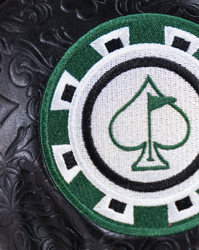 Blackjack driver cover featuring a spade design with a green and white casino chip motif, perfect for stylish golfers.