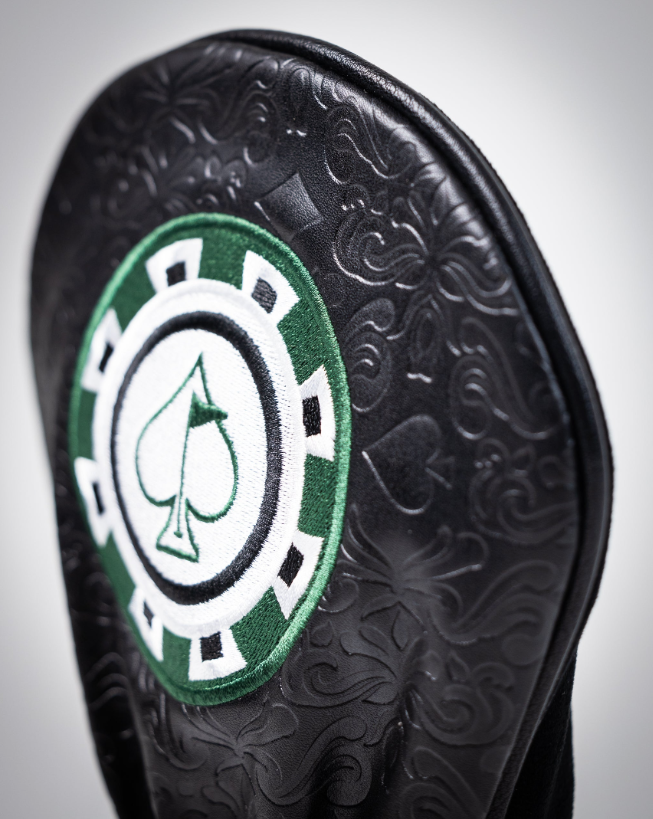 Blackjack driver cover featuring a spade emblem and casino-themed design, perfect for stylish golfers.