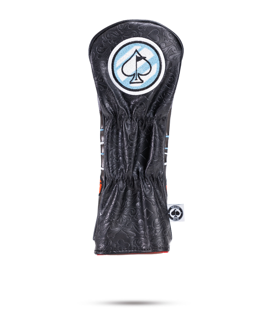 Stylish black fairway cover featuring a spade logo, designed for golfers seeking a bold accessory on the course.