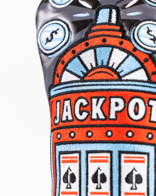 Bold golf fairway cover featuring a colorful jackpot slot machine design, perfect for golfers who want to stand out.