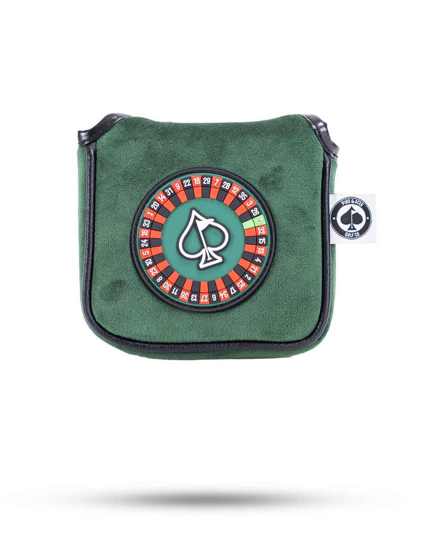Green mallet putter cover featuring a roulette wheel design, perfect for golfers who want to add flair to their game.
