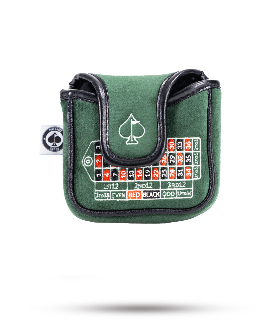 Green mallet putter cover featuring a roulette table design, perfect for golfers seeking unique accessories.