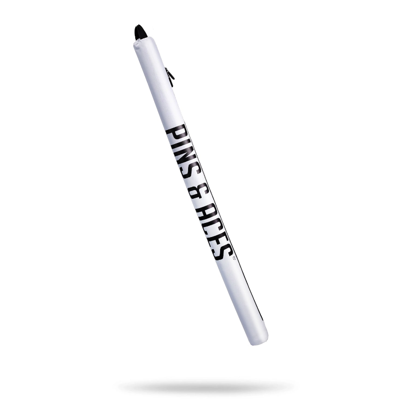 Seltzer sleeve featuring a bold Pins and Aces logo, designed to keep drinks cool on the golf course.